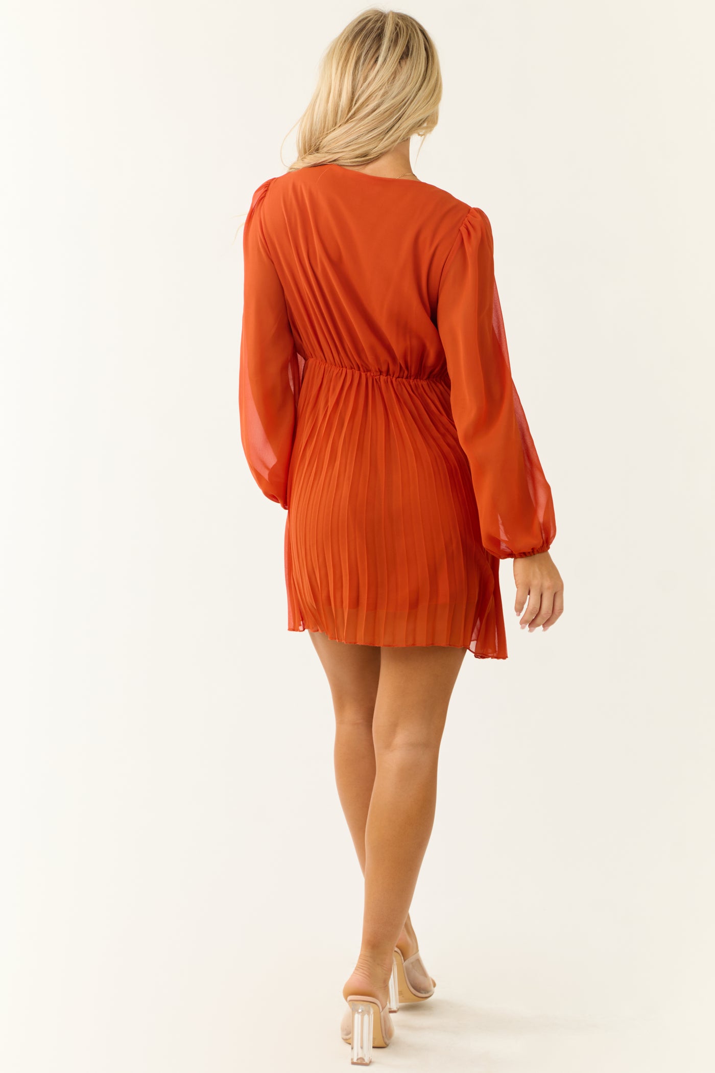 Burnt Orange Pleated Long Sleeve Mini Dress