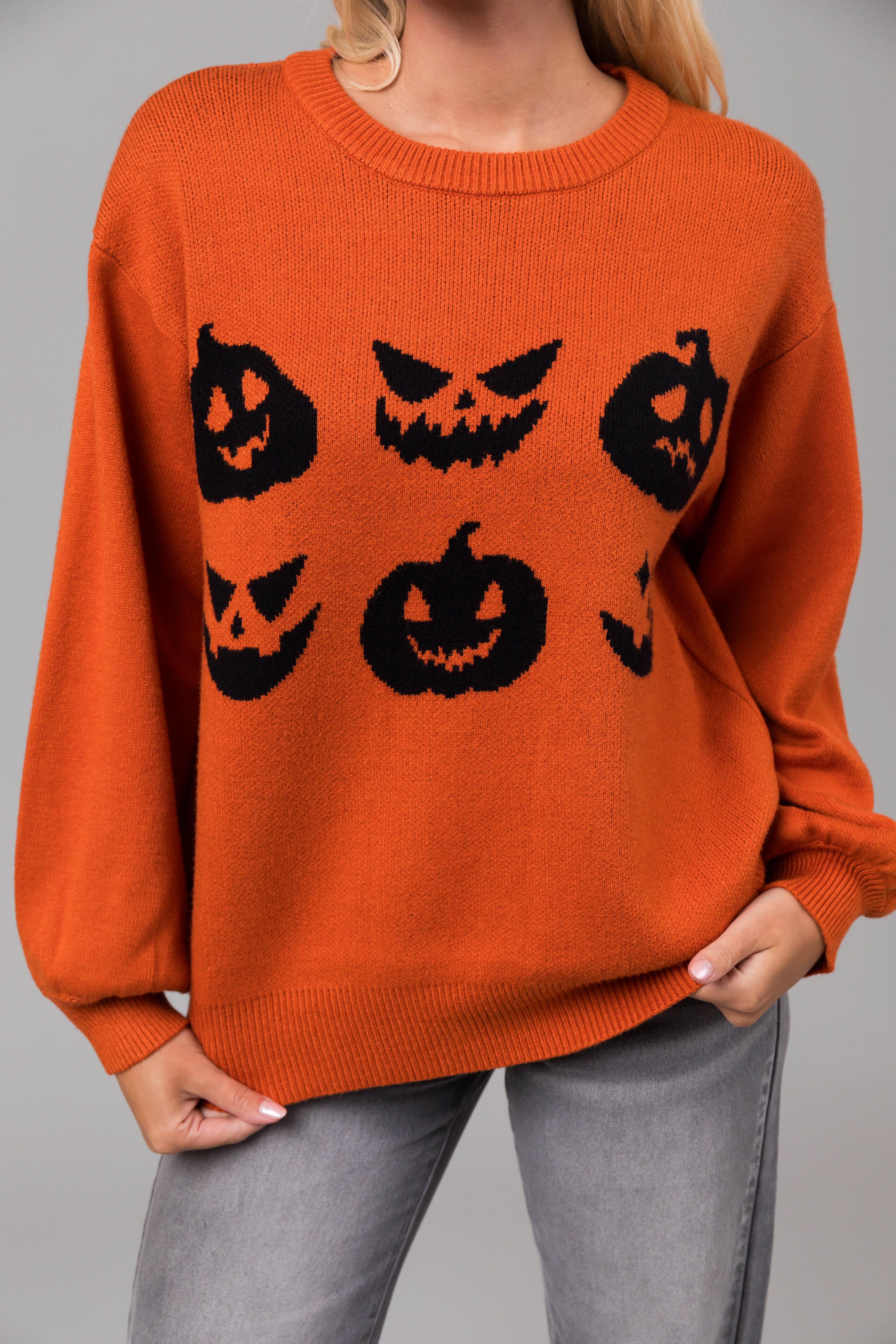 She Sky Burnt Orange Pumpkin Face Crew Neck Knit Sweater