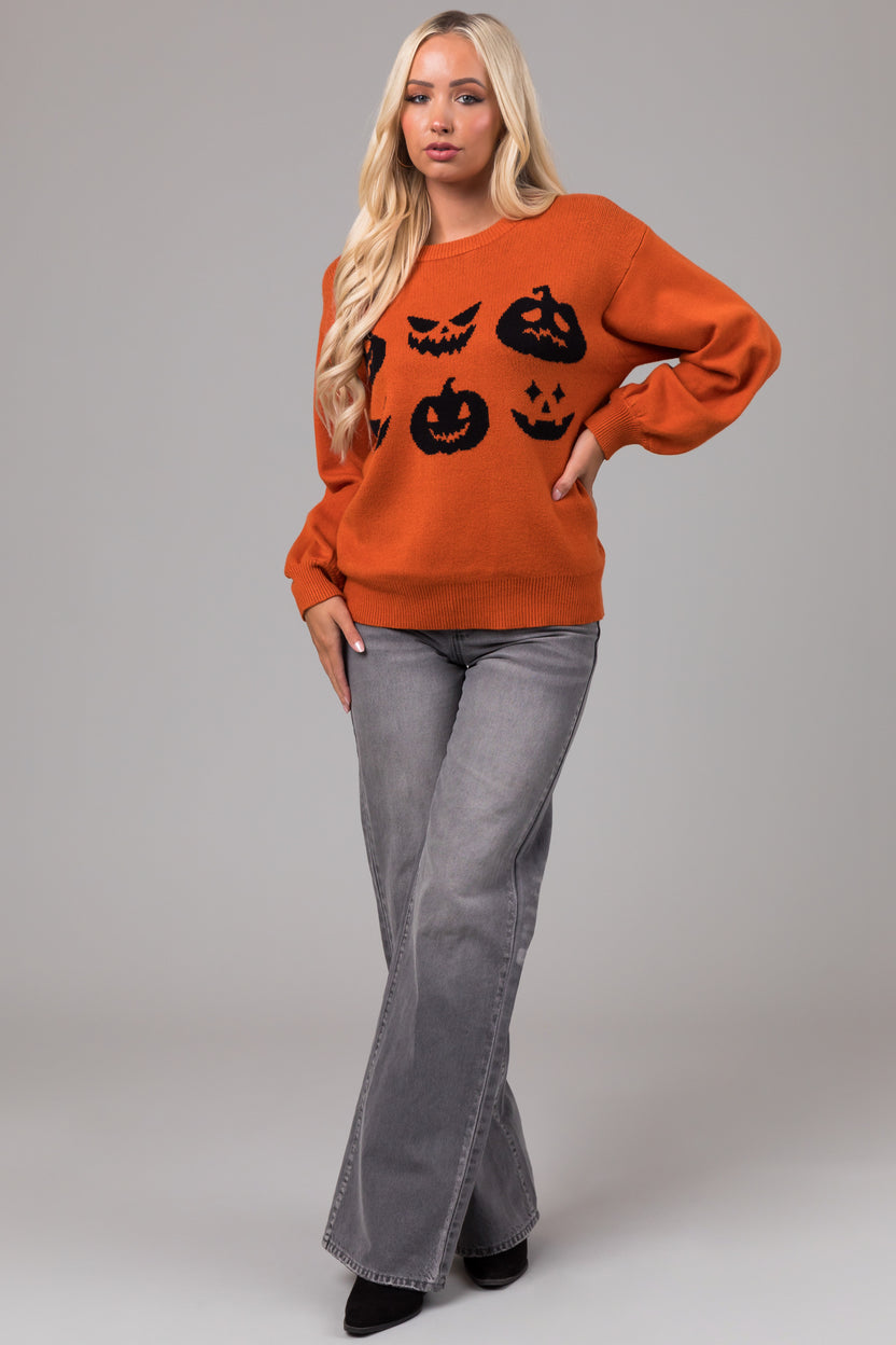 Burnt Orange Pumpkin Face Crew Neck Knit Sweater