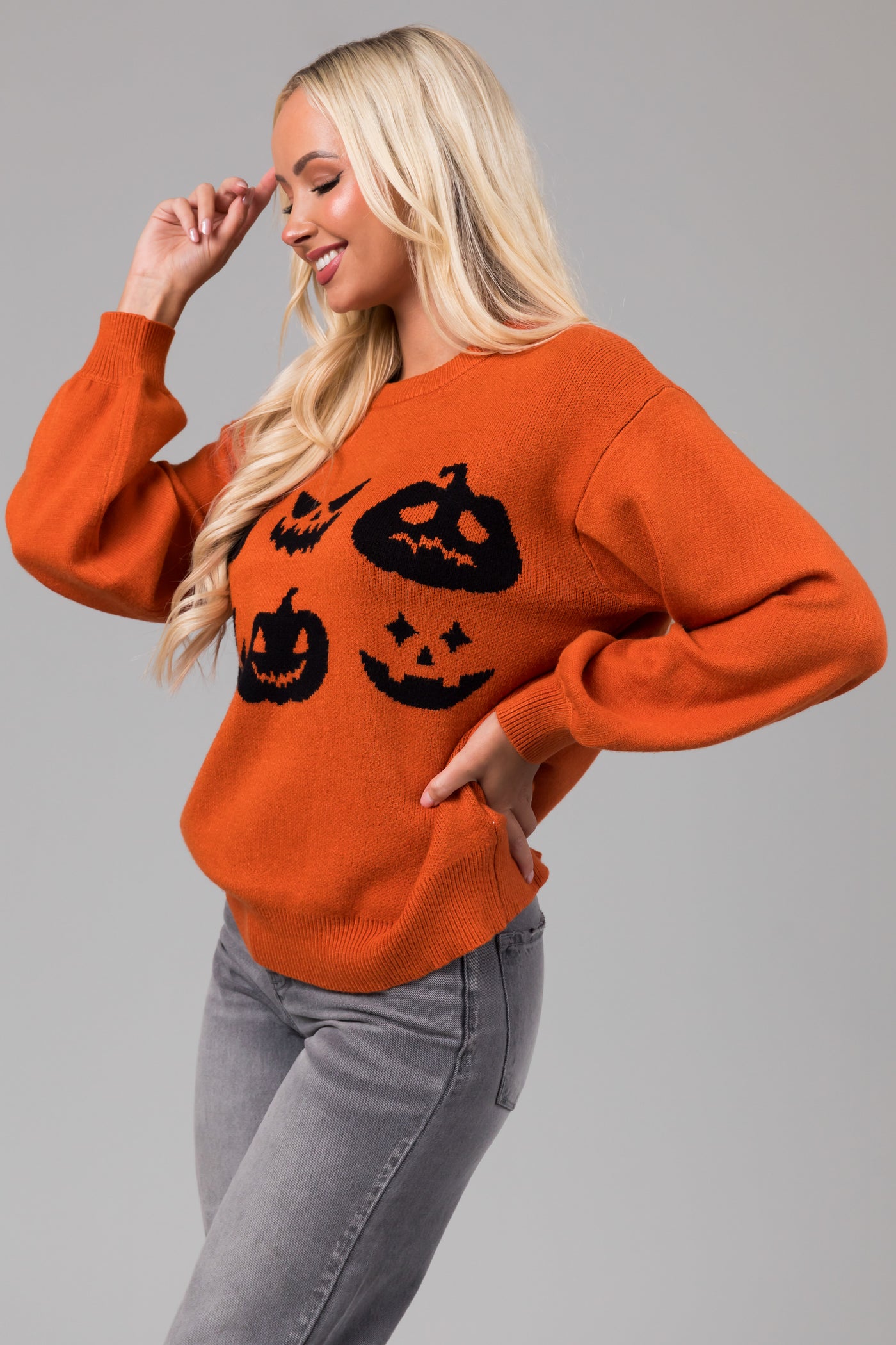 Burnt Orange Pumpkin Face Crew Neck Knit Sweater