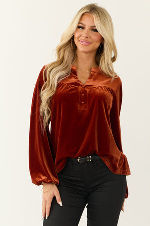 Burnt Orange Velvet Long Sleeve Blouse