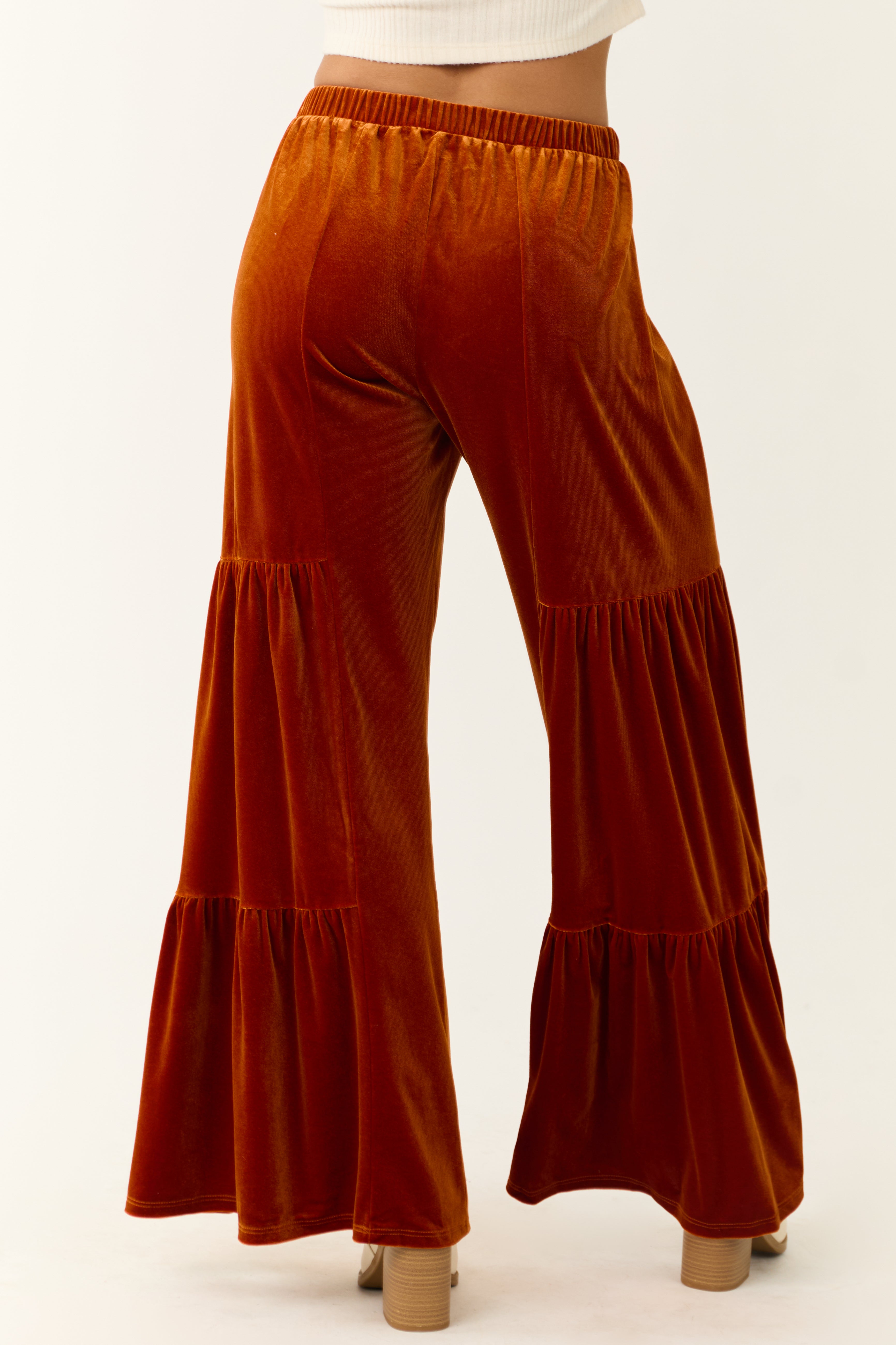 Burnt Orange Velvet Tiered Wide Leg Pants