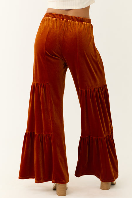 Burnt Orange Velvet Tiered Wide Leg Pants