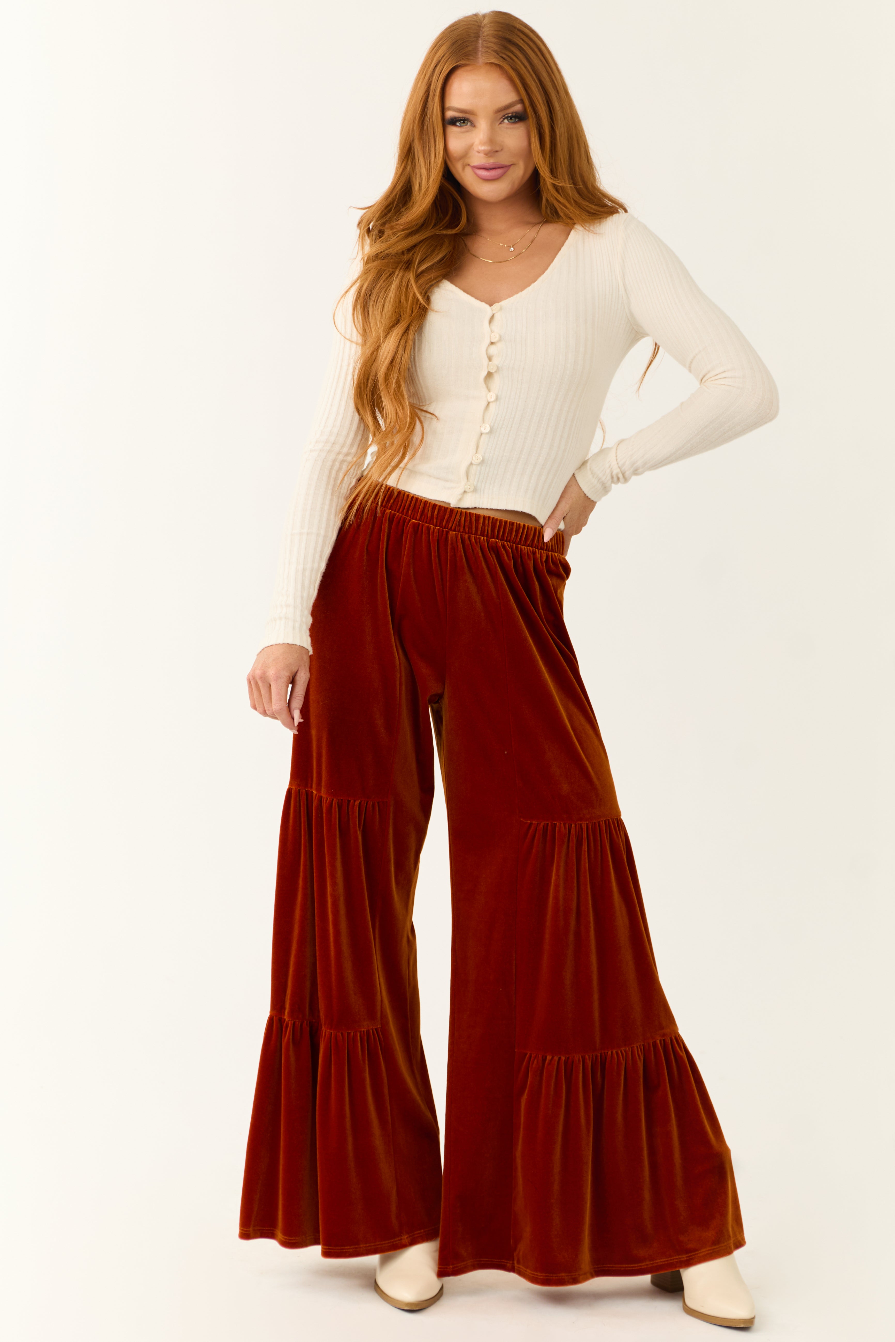 Burnt Orange Velvet Tiered Wide Leg Pants