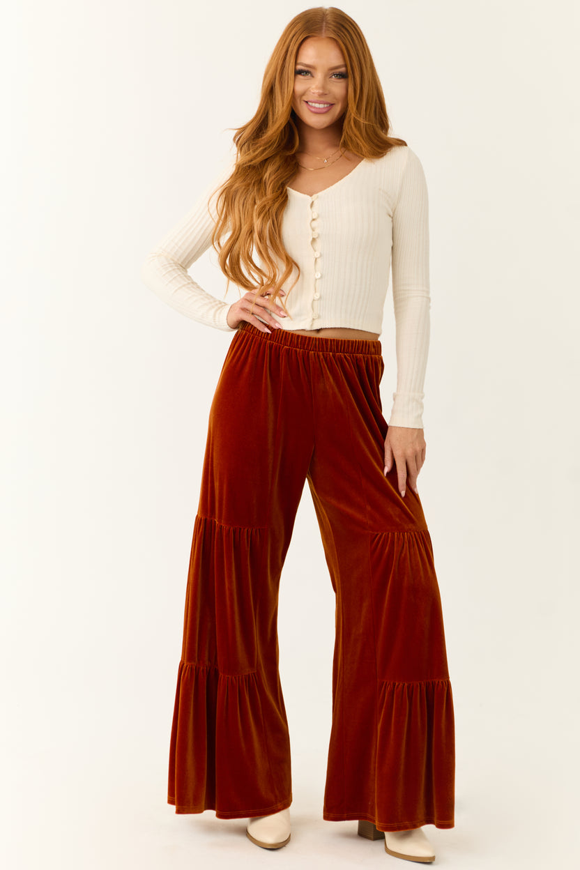 Burnt Orange Velvet Tiered Wide Leg Pants