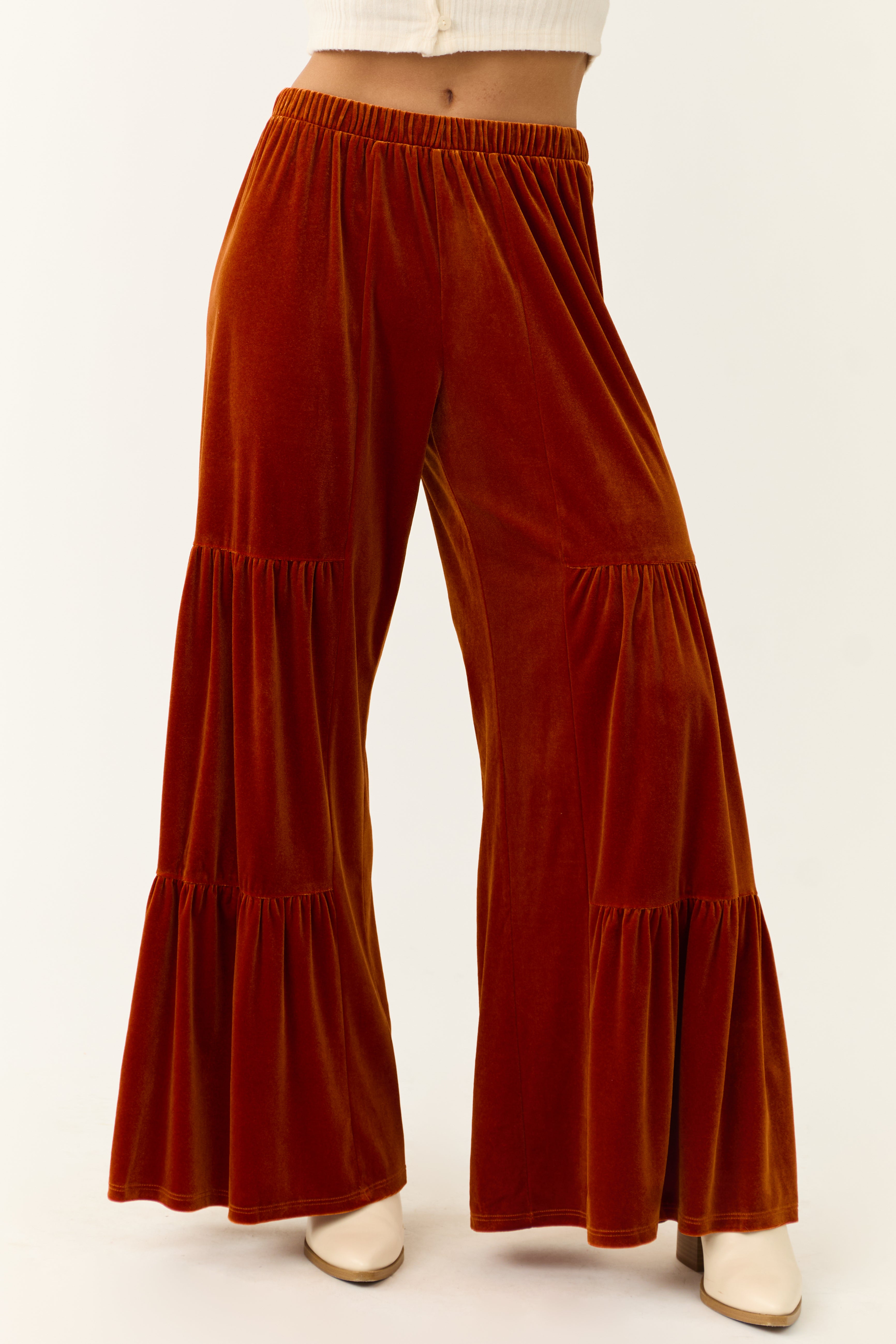 Burnt Orange Velvet Tiered Wide Leg Pants