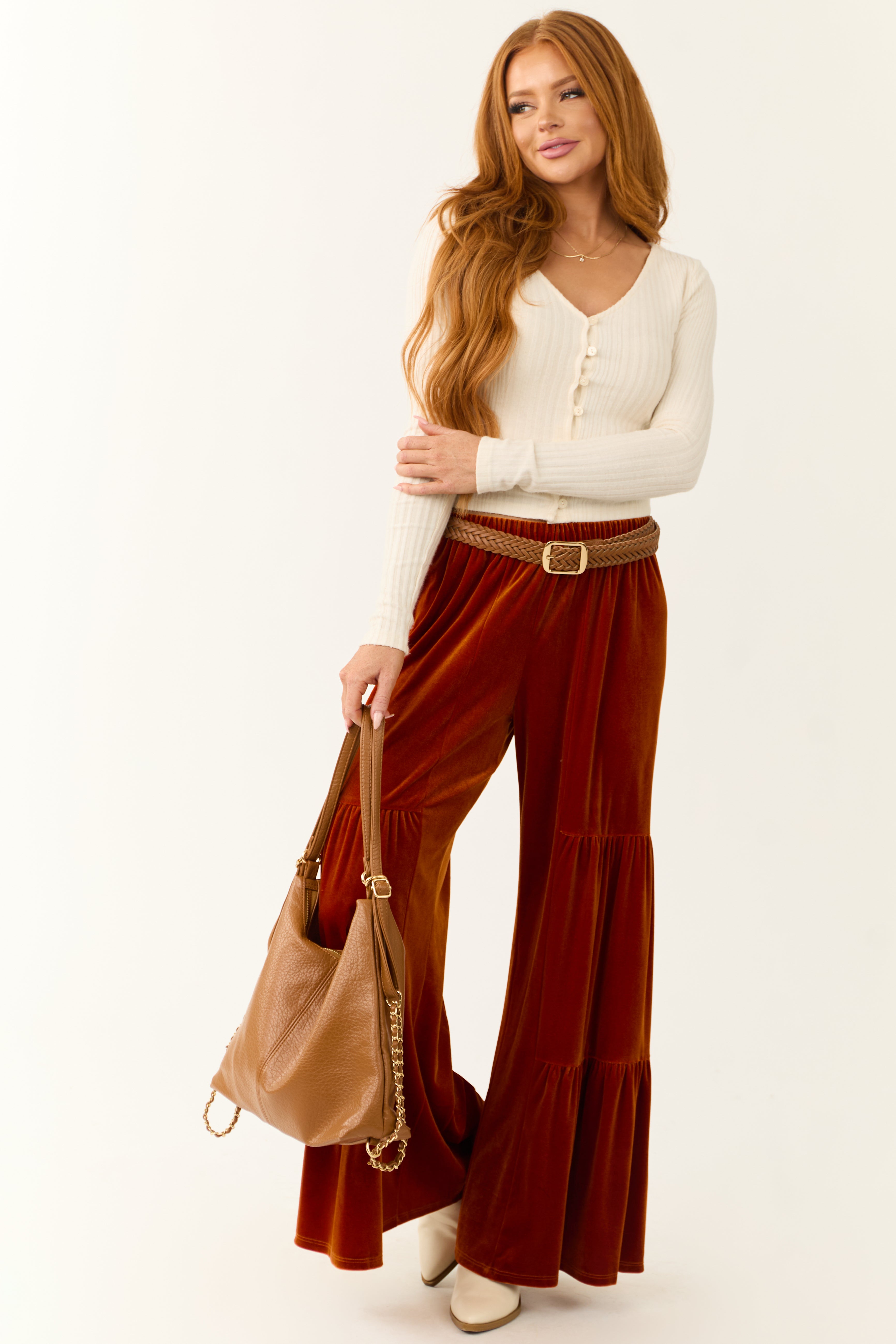 Burnt Orange Velvet Tiered Wide Leg Pants