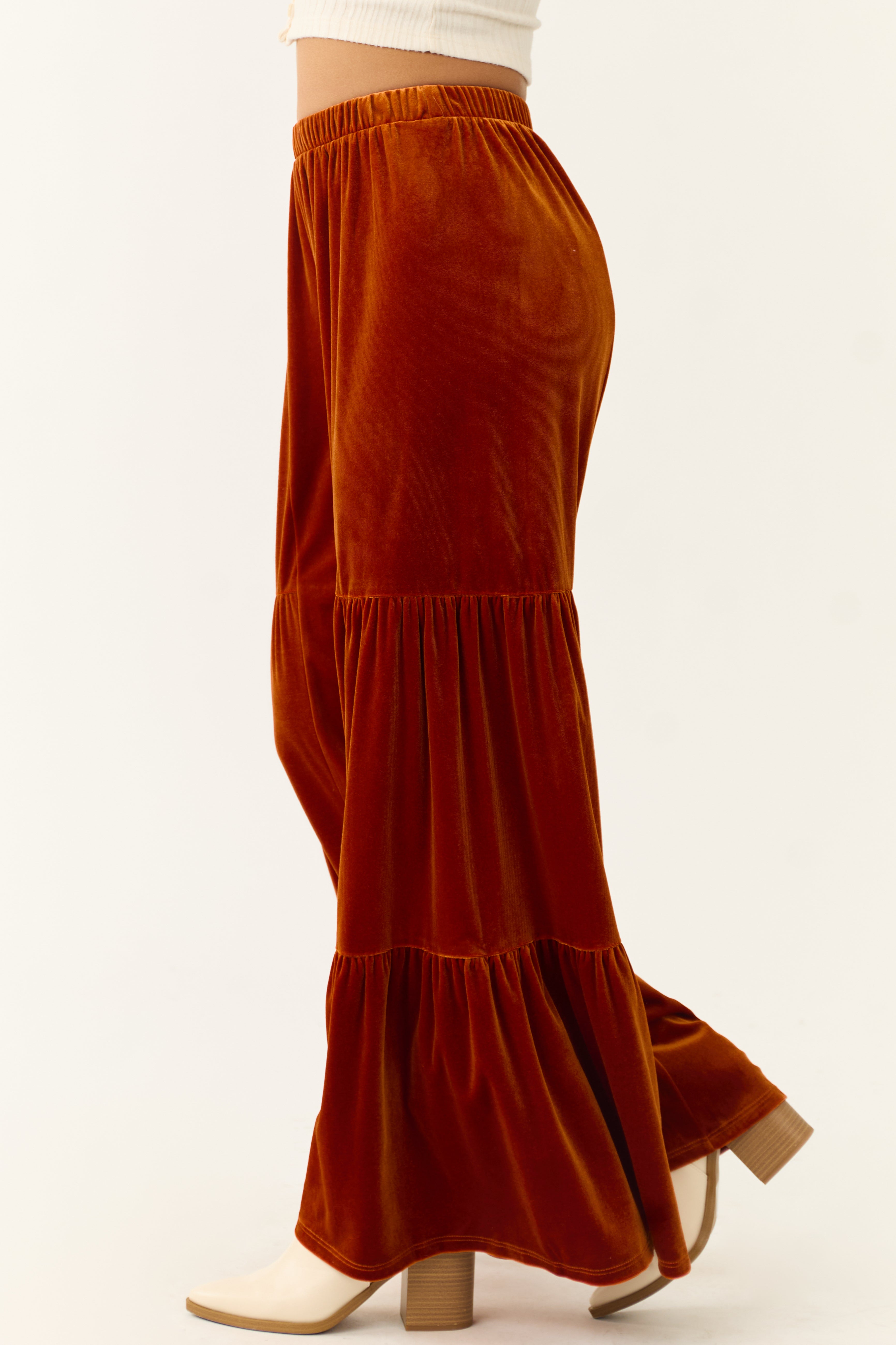 Burnt Orange Velvet Tiered Wide Leg Pants