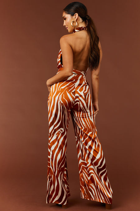 Burnt Orange Zebra Print Sleeveless Jumpsuit