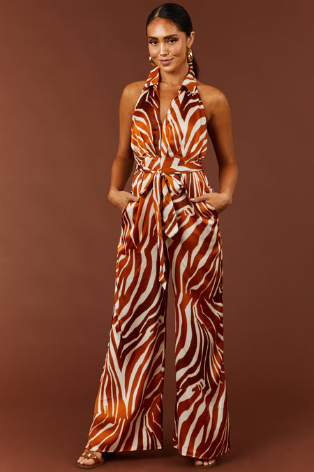 Burnt Orange Zebra Print Sleeveless Jumpsuit