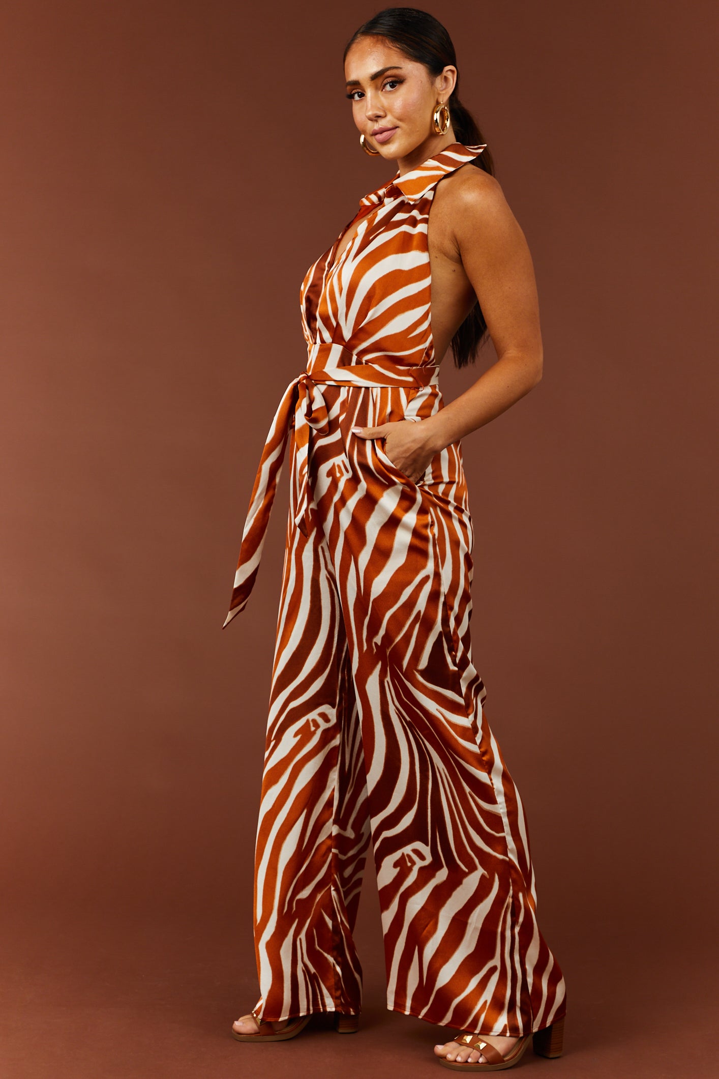 Burnt Orange Zebra Print Sleeveless Jumpsuit