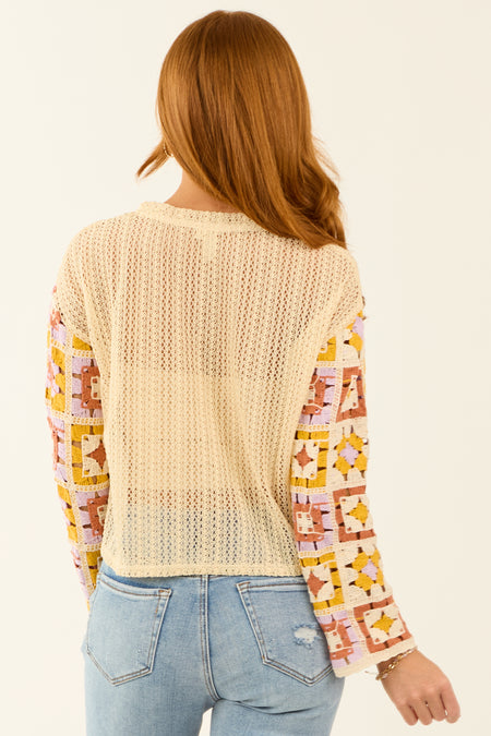 Buttercream Contrast Crochet Long Sleeve Top