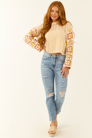 Buttercream Contrast Crochet Long Sleeve Top