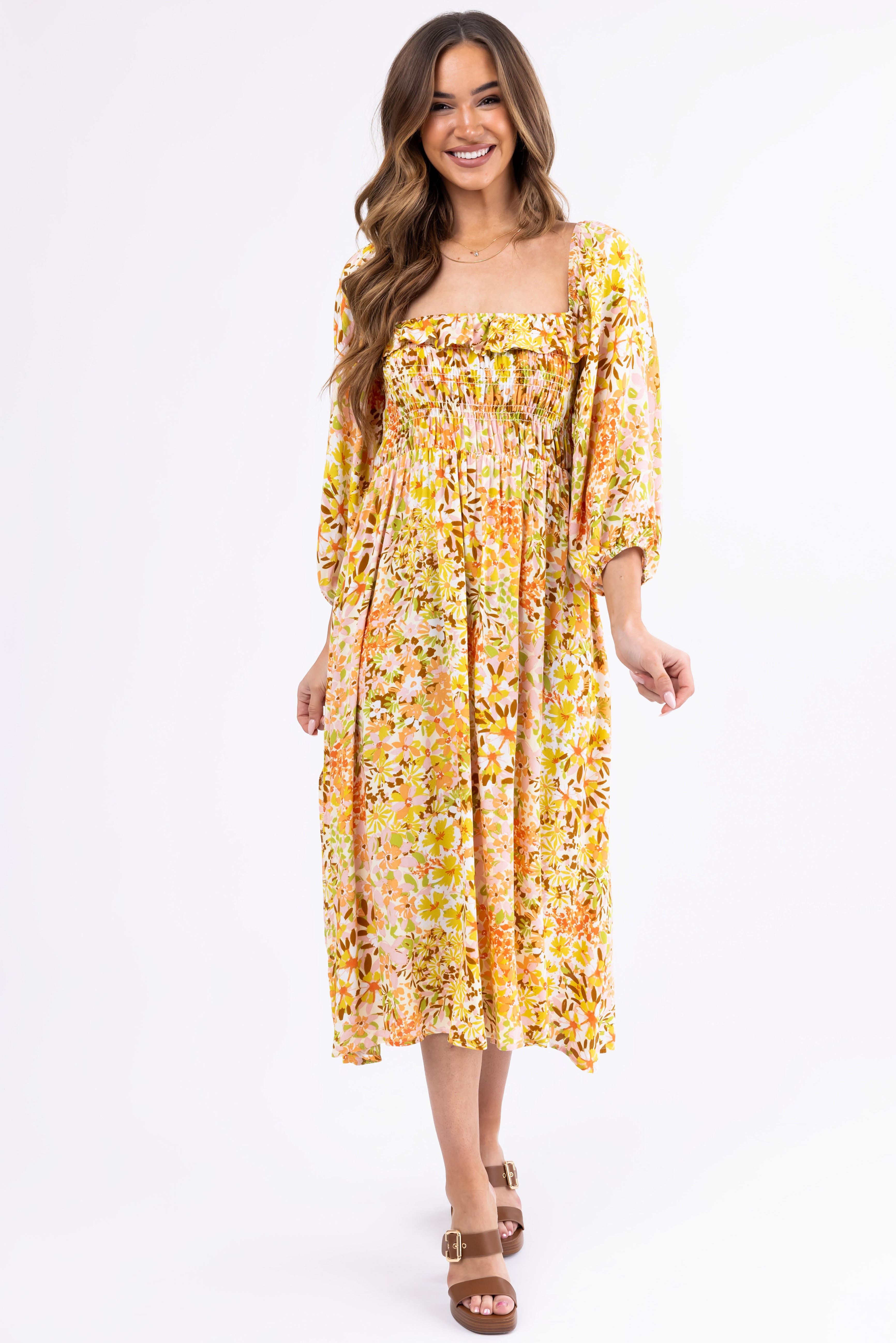 Buttercream Floral Print Smocked Midi Dress