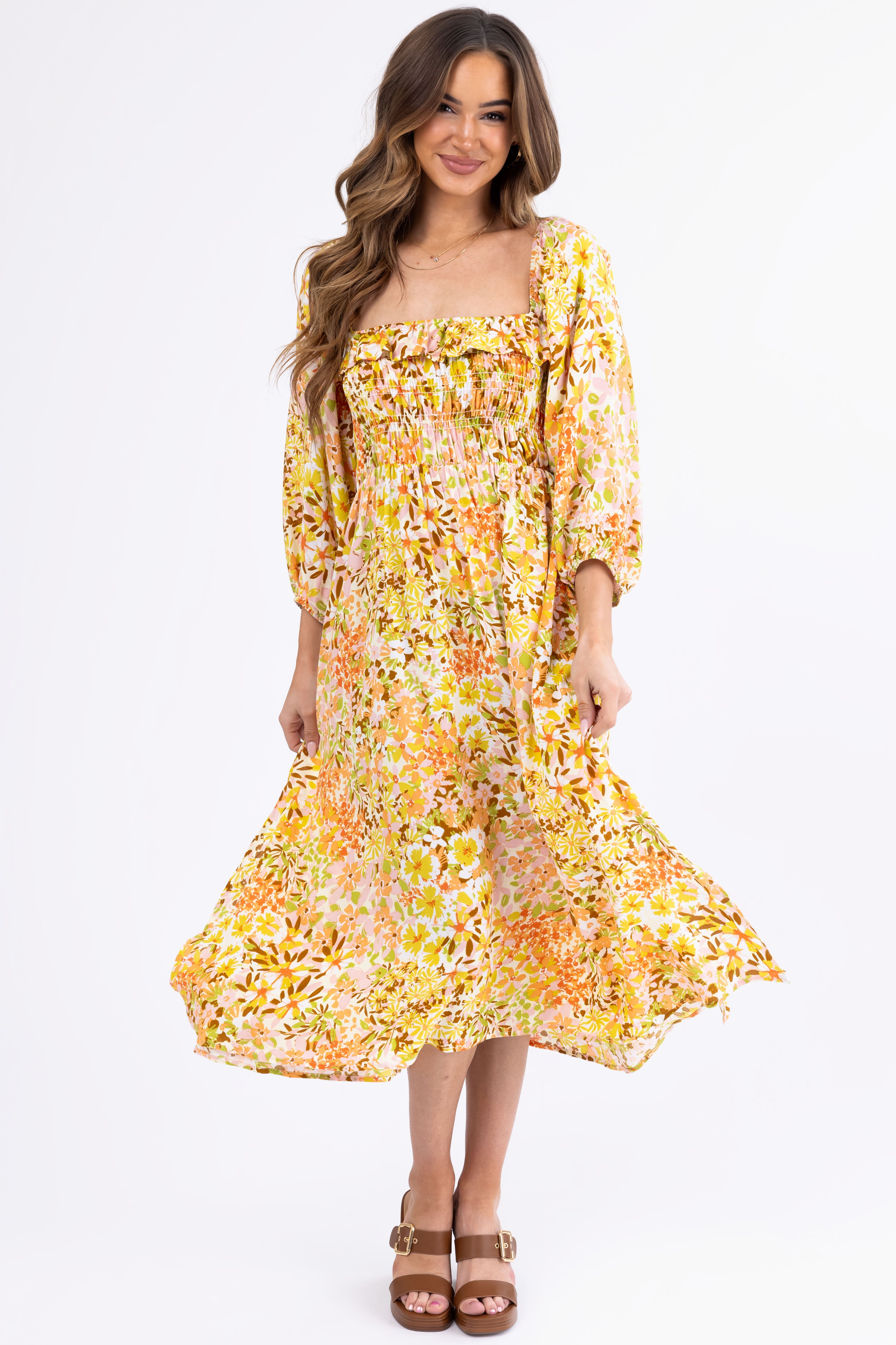 Buttercream Floral Print Smocked Midi Dress