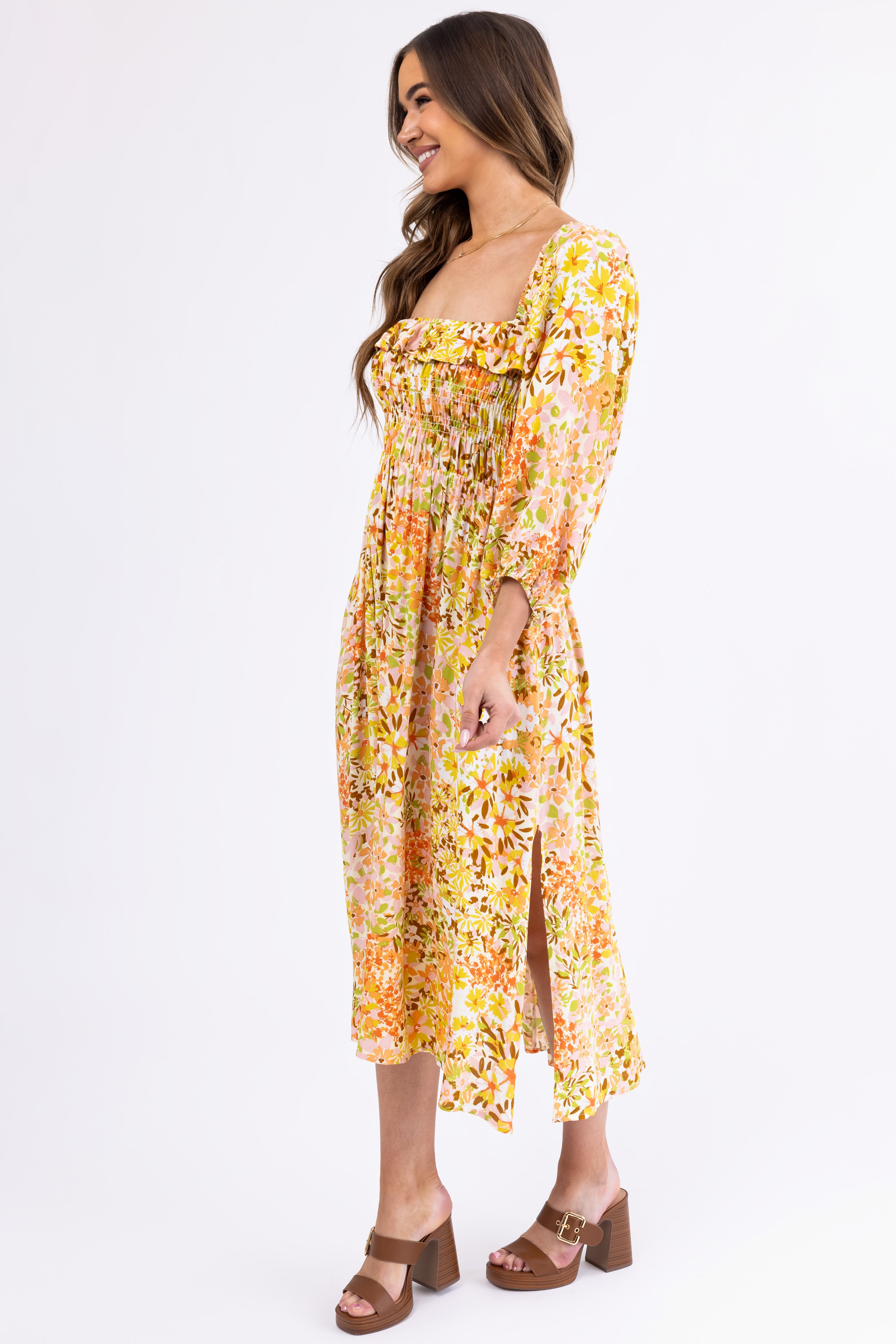 Buttercream Floral Print Smocked Midi Dress