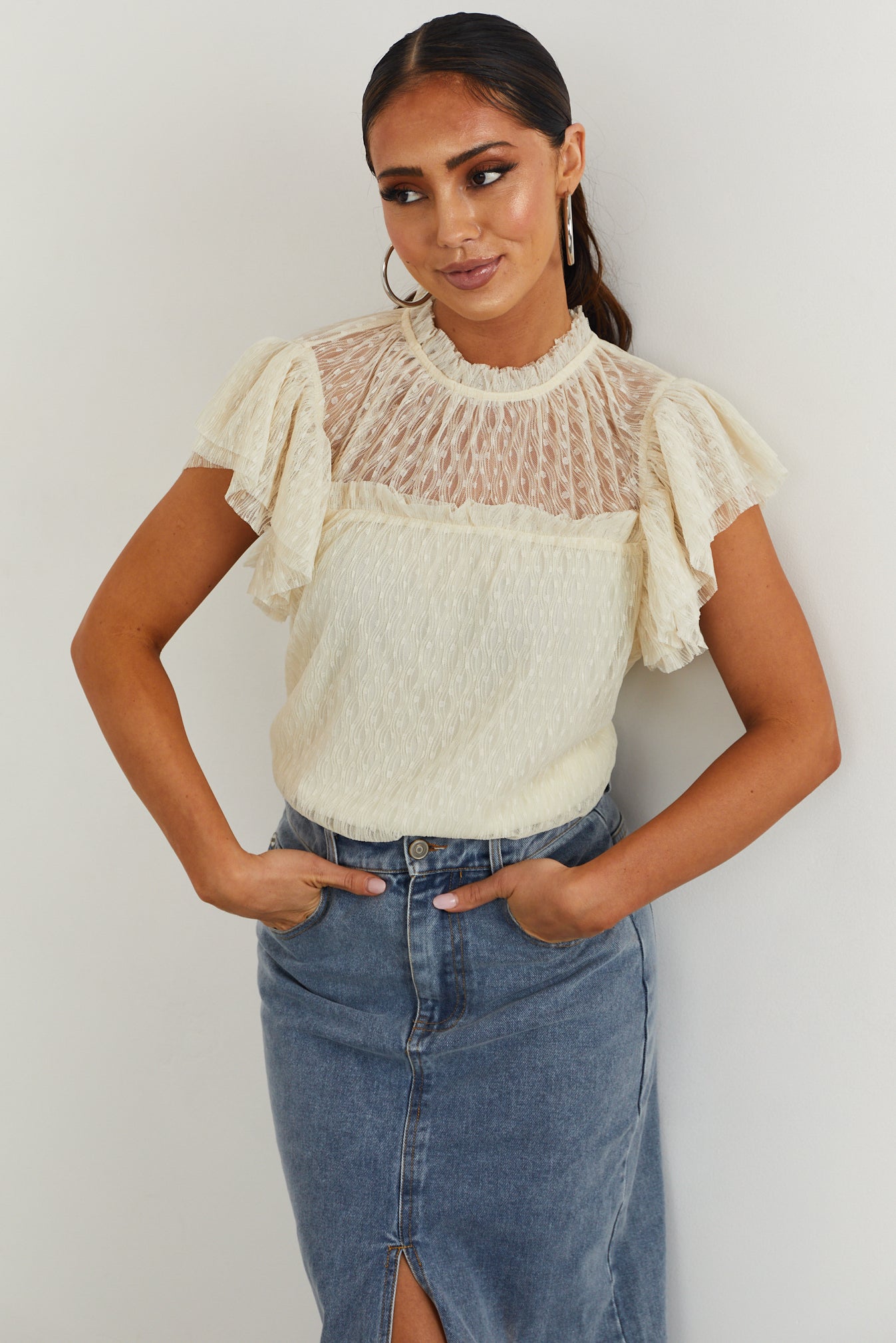 Buttercream Textured Lace Short Sleeve Blouse