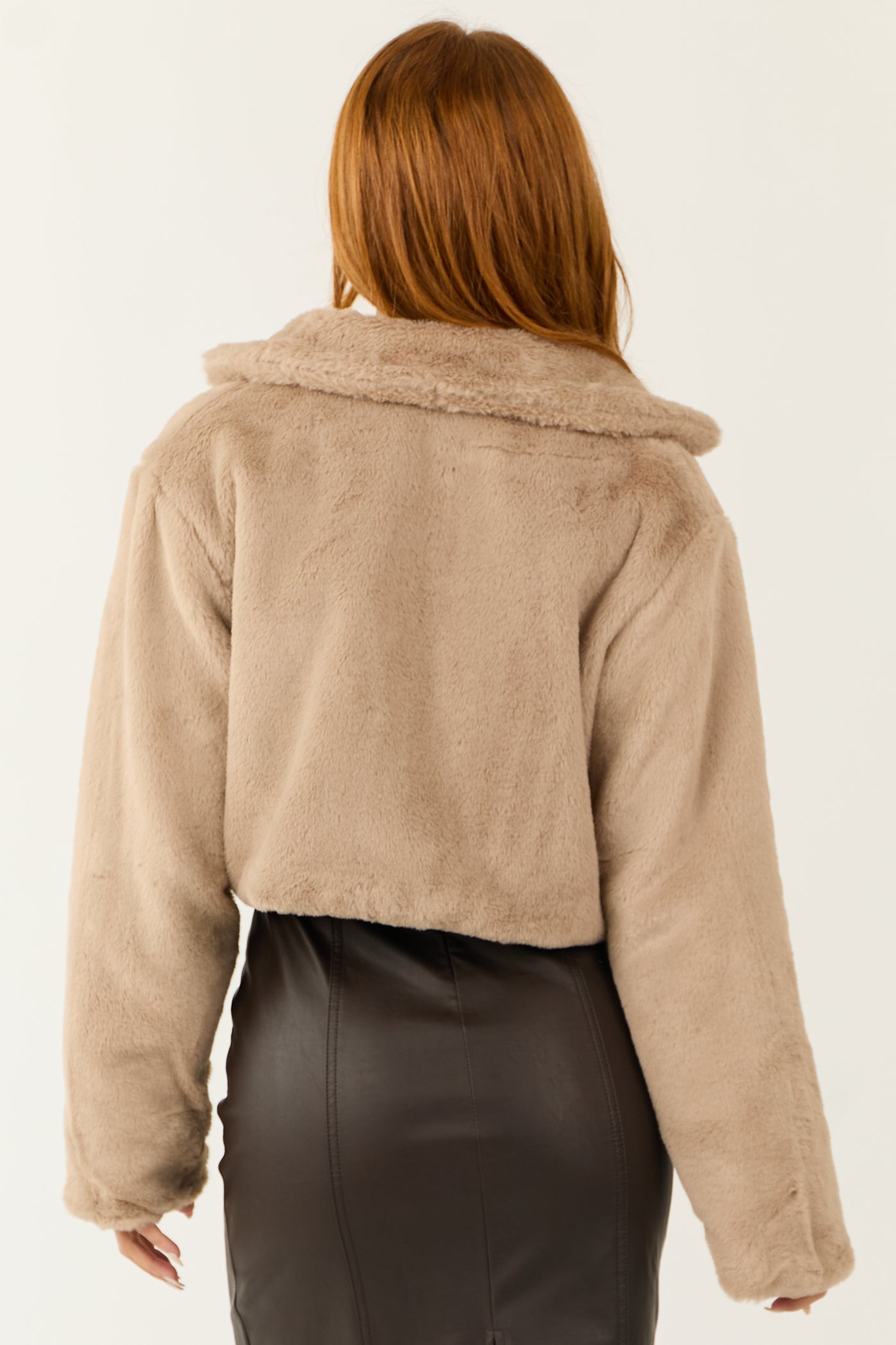 Camel Faux Fur Long Sleeve Cropped Jacket