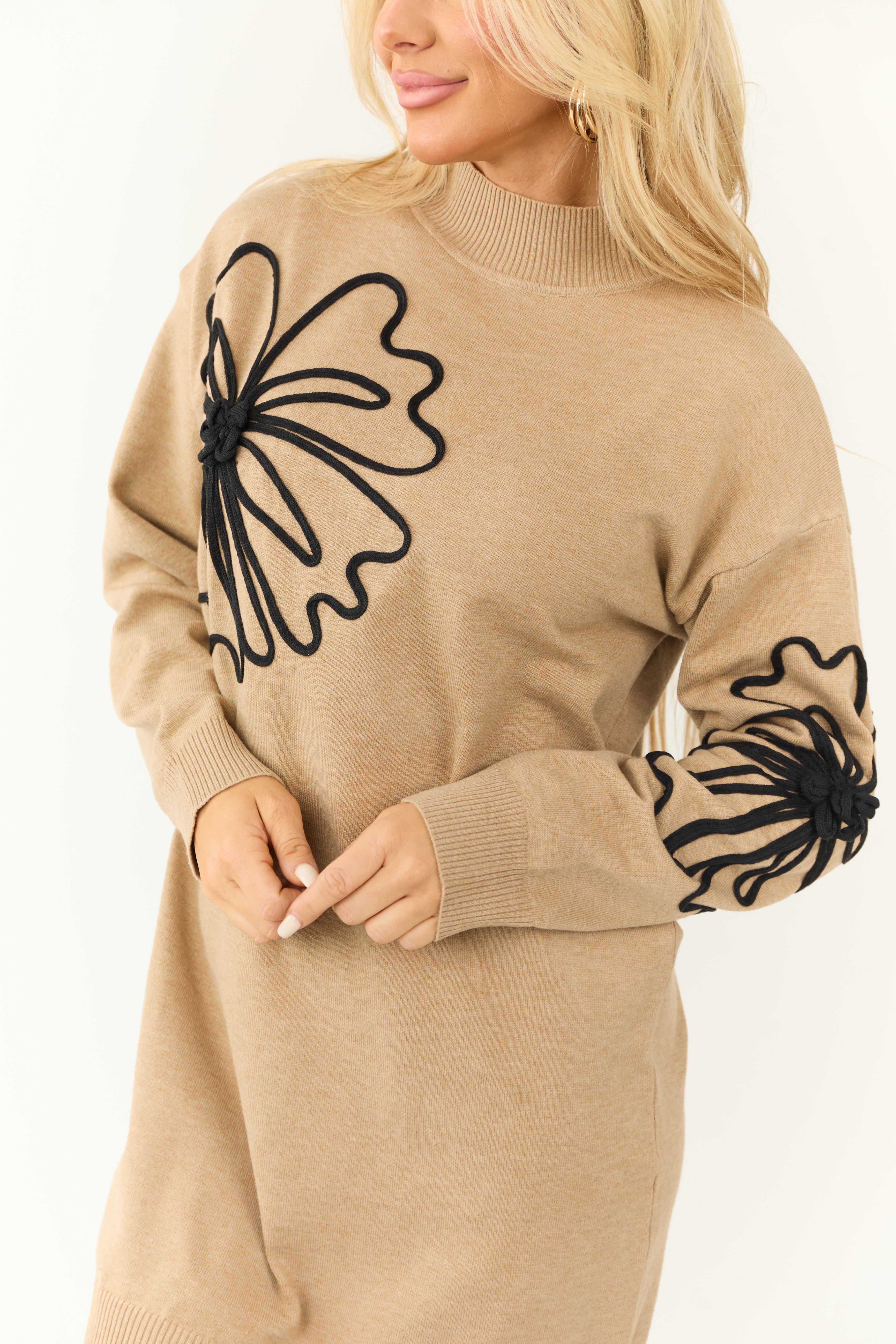 Camel Flower Embroidered Sweater Mini Dress