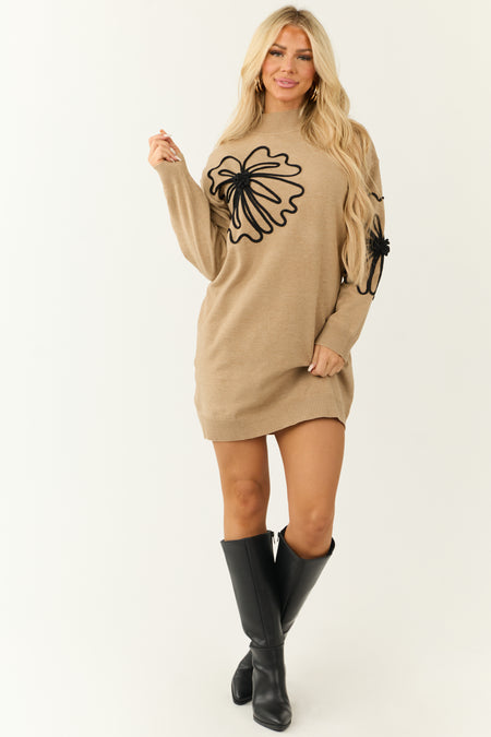 Camel Flower Embroidered Sweater Mini Dress