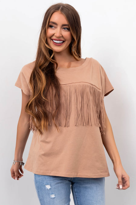 Camel Fringe Short Sleeve Knit Tee