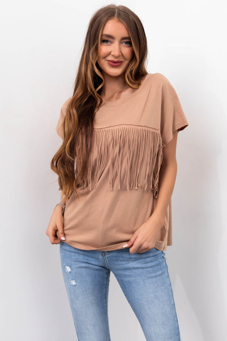 Camel Fringe Short Sleeve Knit Tee