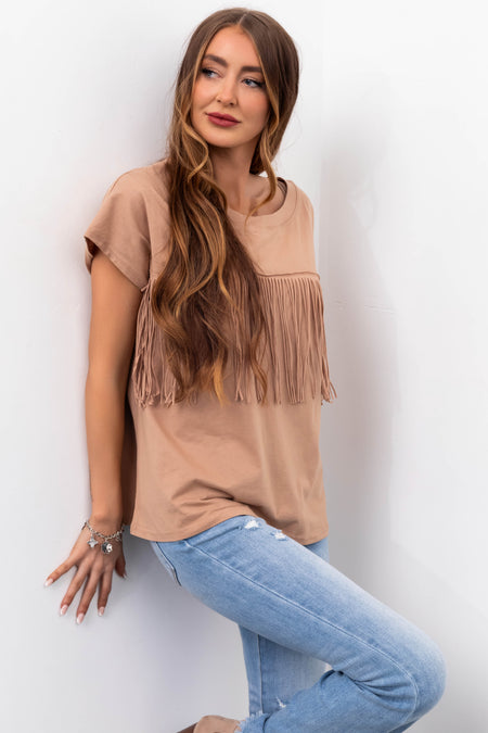 Camel Fringe Short Sleeve Knit Tee