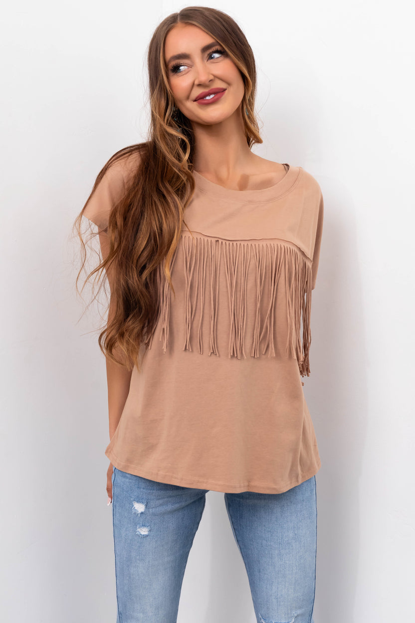 Camel Fringe Short Sleeve Knit Tee