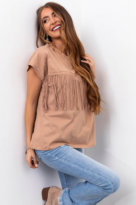 Camel Fringe Short Sleeve Knit Tee