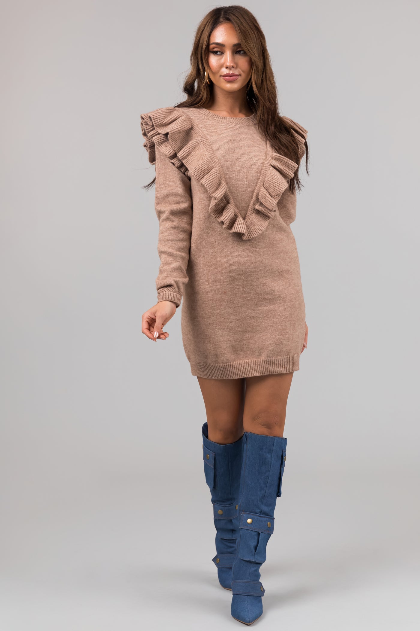 Camel Front Ruffle Detail Sweater Mini Dress