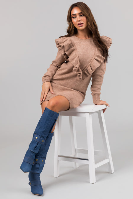 Camel Front Ruffle Detail Sweater Mini Dress