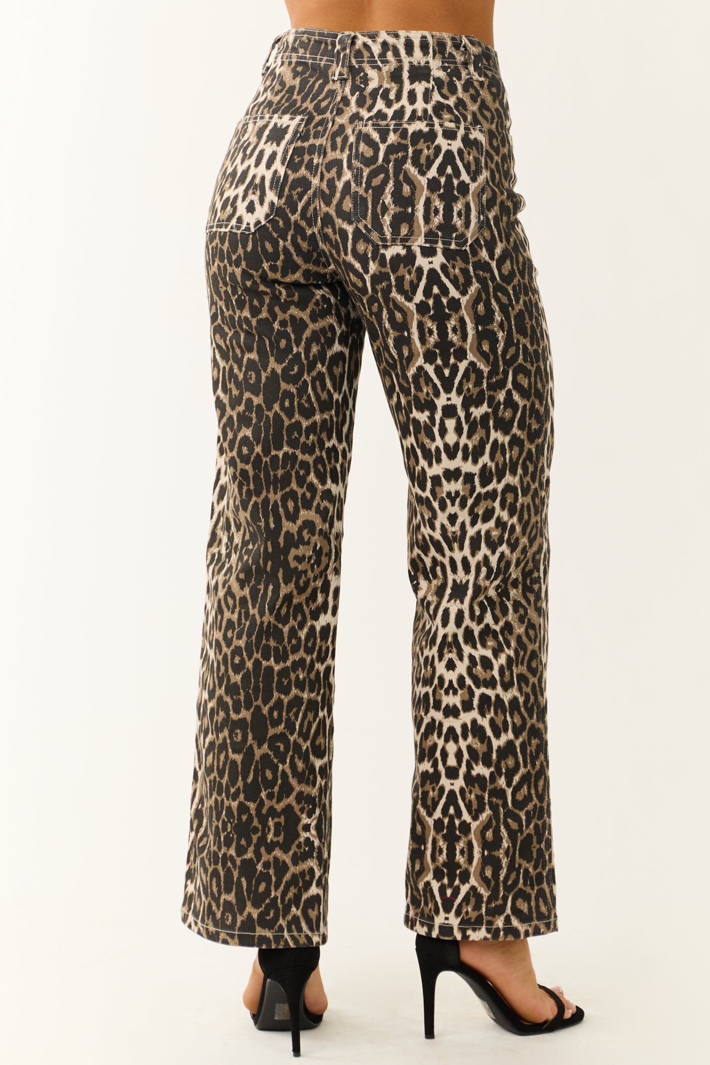 Camel Leopard Print Denim Wide Leg Pants