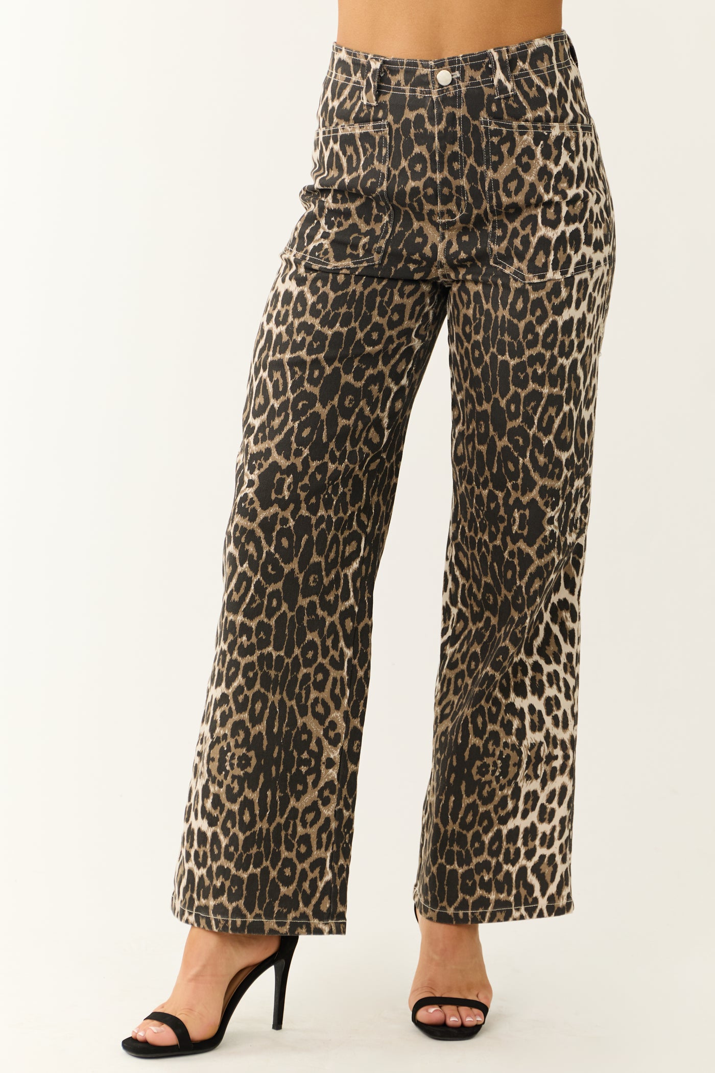 Camel Leopard Print Denim Wide Leg Pants