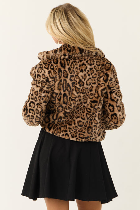 Camel Leopard Print Faux Fur Open Front Jacket