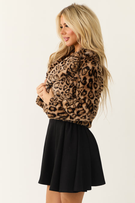 Camel Leopard Print Faux Fur Open Front Jacket