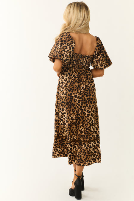 Camel Leopard Print Puff Sleeve Midi Dress