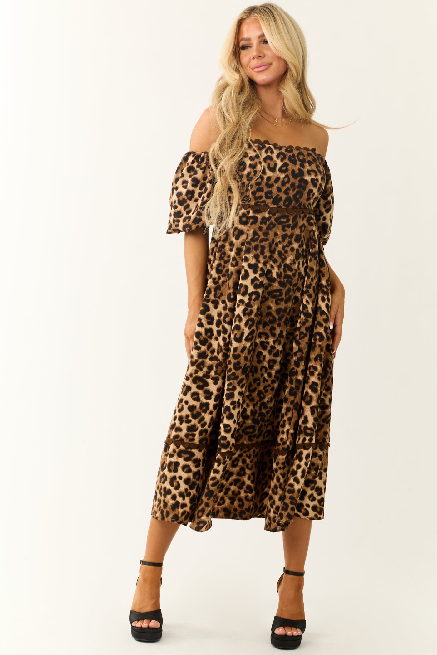 Camel Leopard Print Puff Sleeve Midi Dress