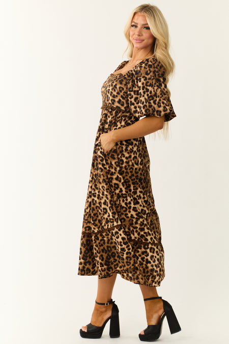 Camel Leopard Print Puff Sleeve Midi Dress