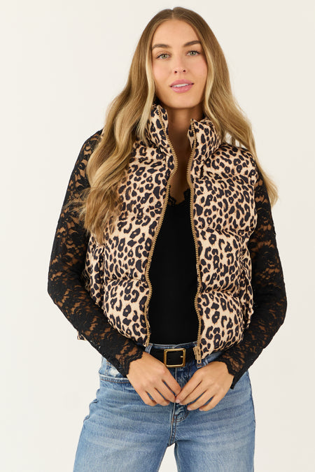 Camel Leopard Print Puffer Zip Up Vest