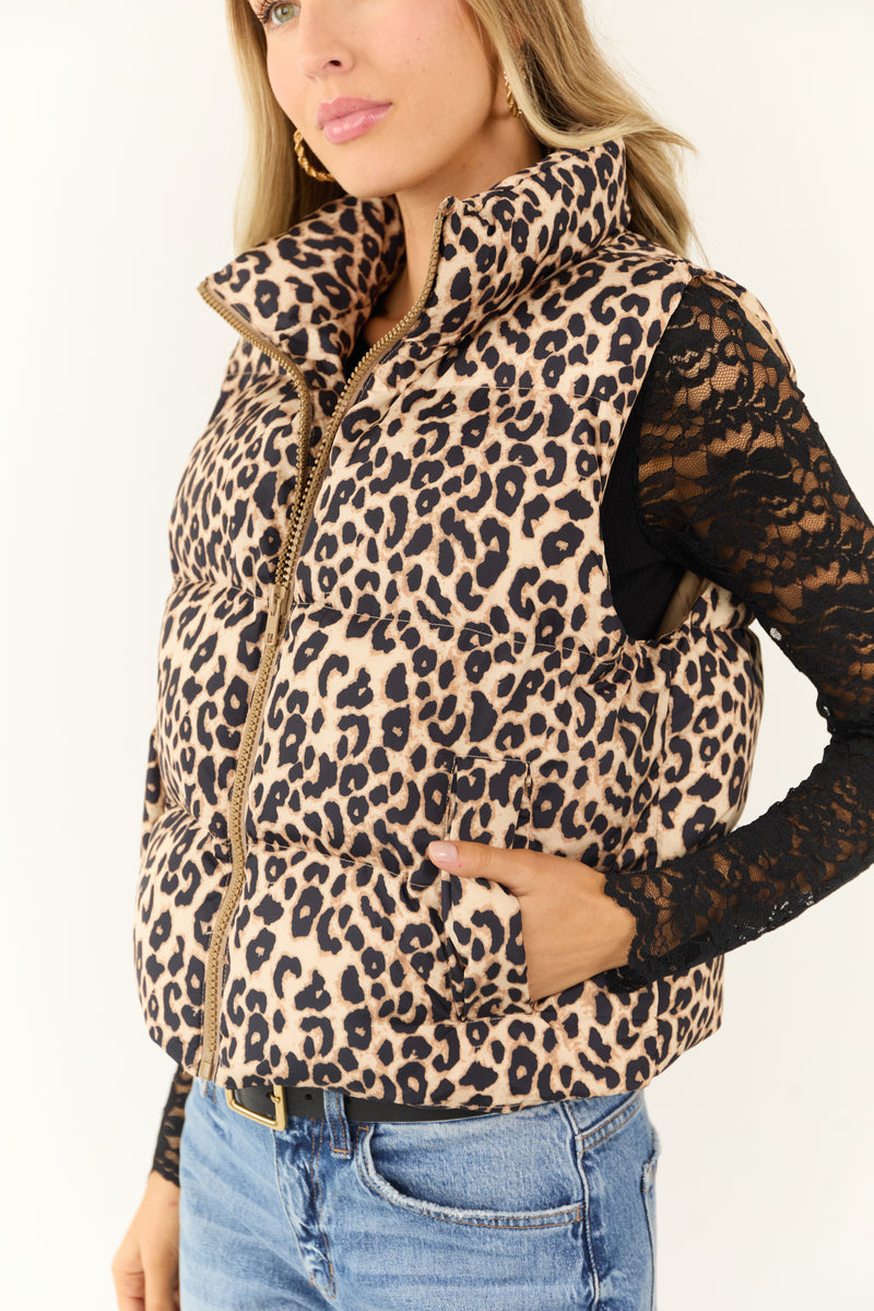 Camel Leopard Print Puffer Zip Up Vest