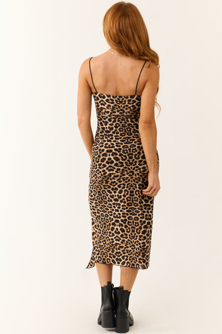 Camel Leopard Print Sleeveless Fitted Midi Dress