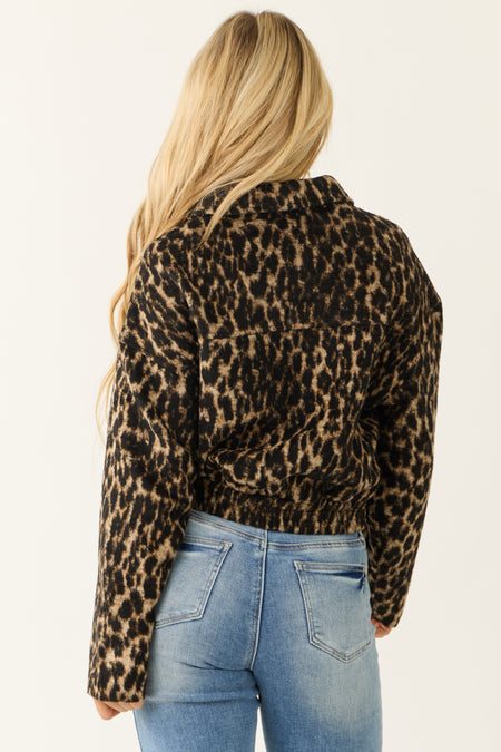 Camel Leopard Print Zip Up Wool Textured Jacket