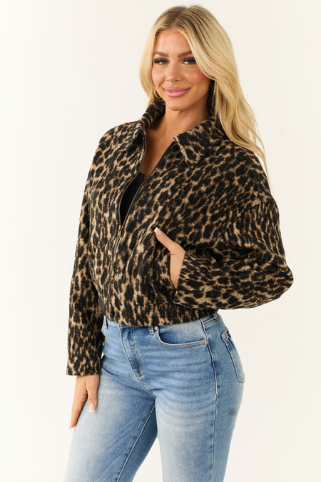 Camel Leopard Print Zip Up Wool Textured Jacket