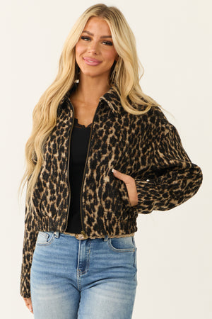 Camel Leopard Print Zip Up Wool Textured Jacket