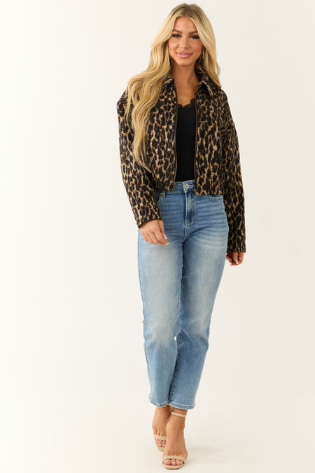 Camel Leopard Print Zip Up Wool Textured Jacket