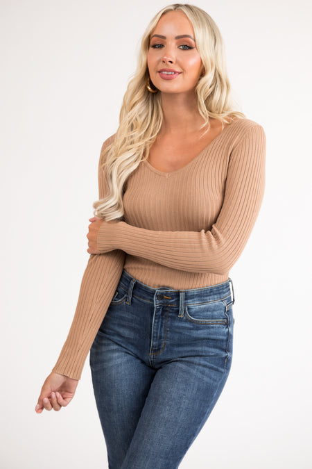 Camel Long Sleeve Ribbed Knit Bodysuit