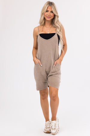 Camel Mineral Wash Sleeveless Loose Fit Romper