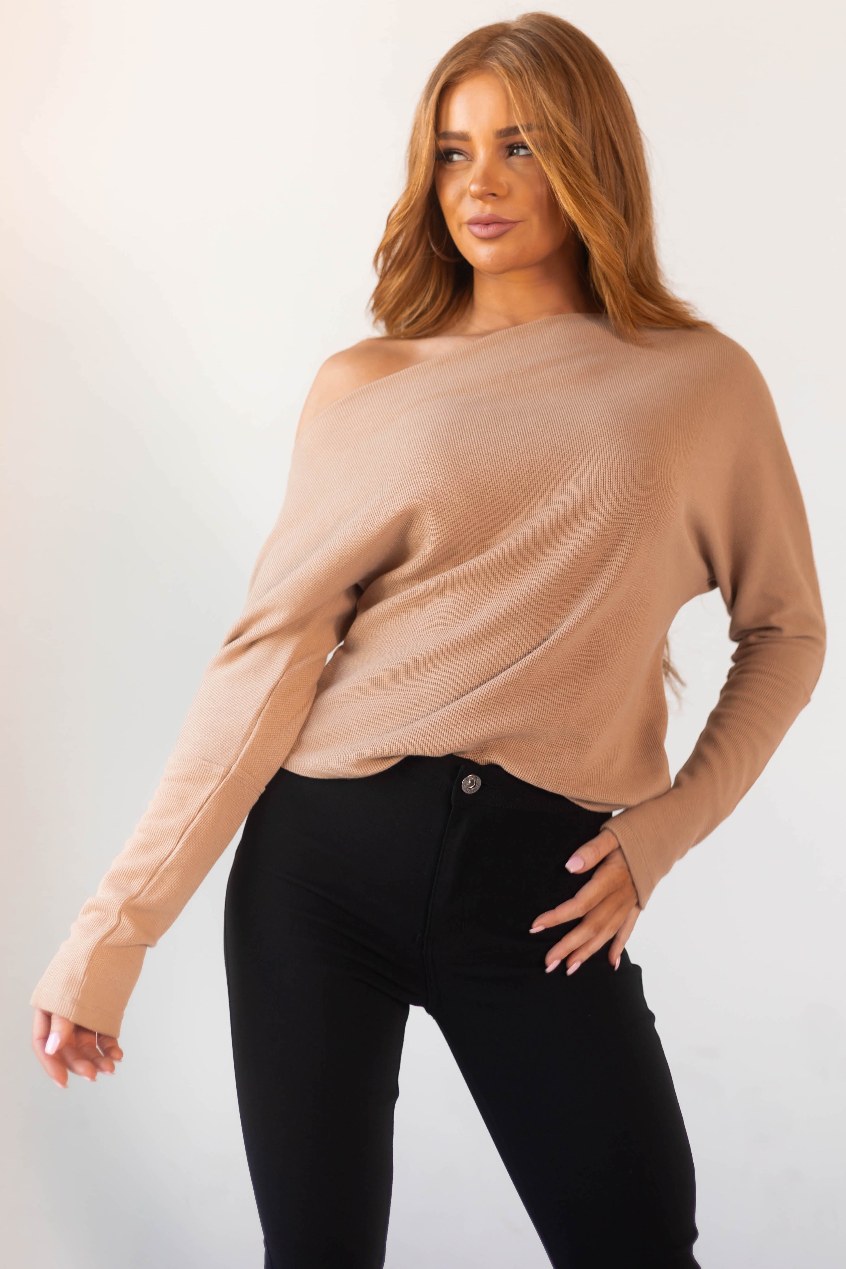 Camel Off Shoulder Thermal Knit Long Sleeve Top