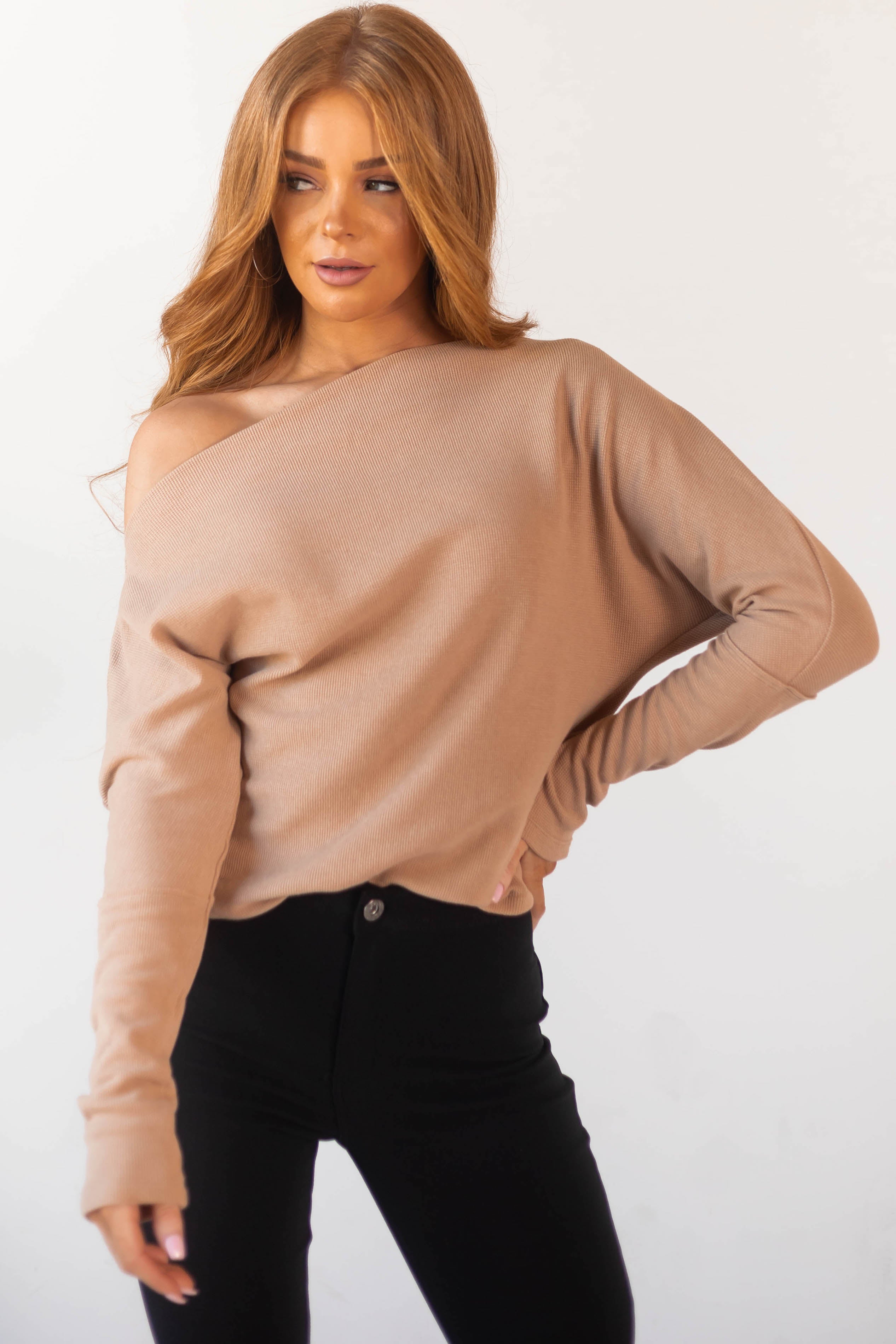 Camel Off Shoulder Thermal Knit Long Sleeve Top