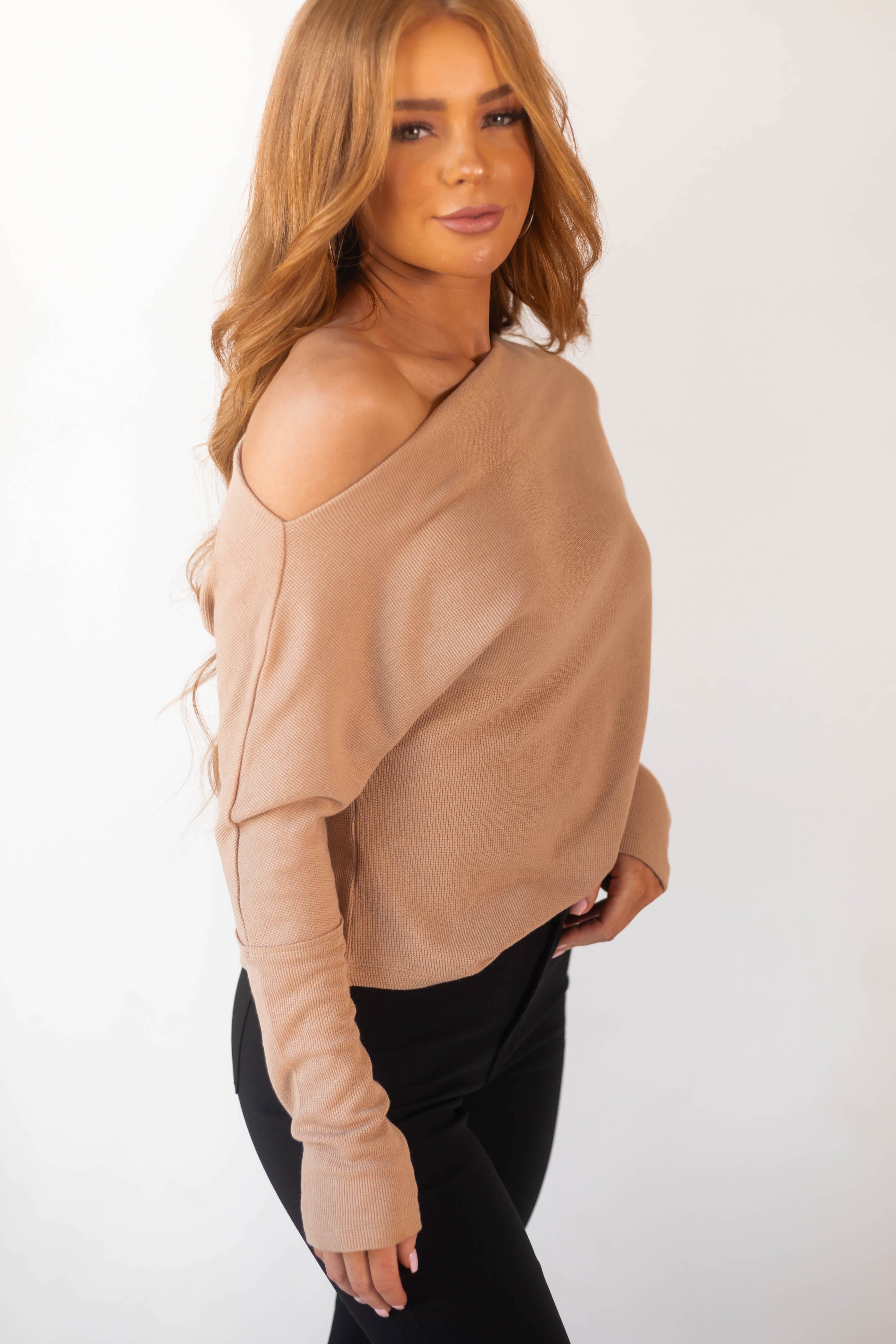 Camel Off Shoulder Thermal Knit Long Sleeve Top